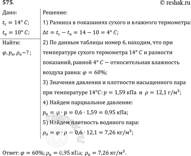 Изображение Влажный термометр психрометра показывает 10 °С, а сухой 14 °С. Найти относительную влажность, парциальное давление и плотность водяного...