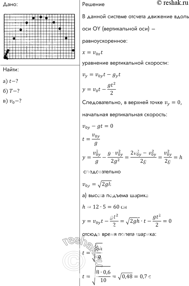 Изображение На рисунке 35, сделанном со стробоскопической фотографии, показан полет шарика при выстреле из детского пружинного пистолета. Зная, что сторона квадрата клетки на...