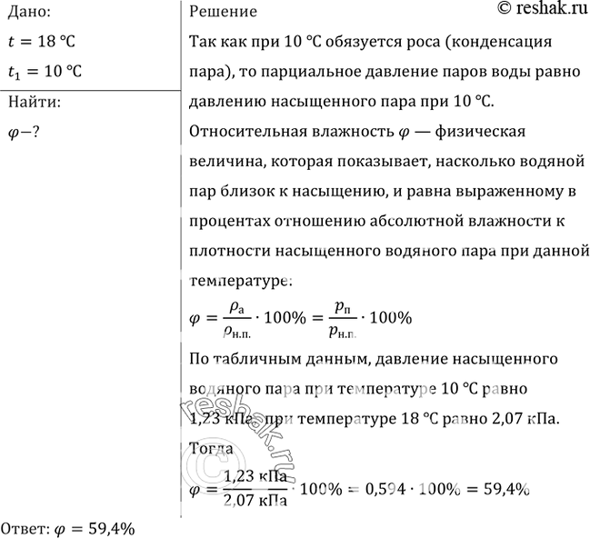 Изображение Найти относительную влажность воздуха в комнате при 18 °С, если при 10 °С образуется...