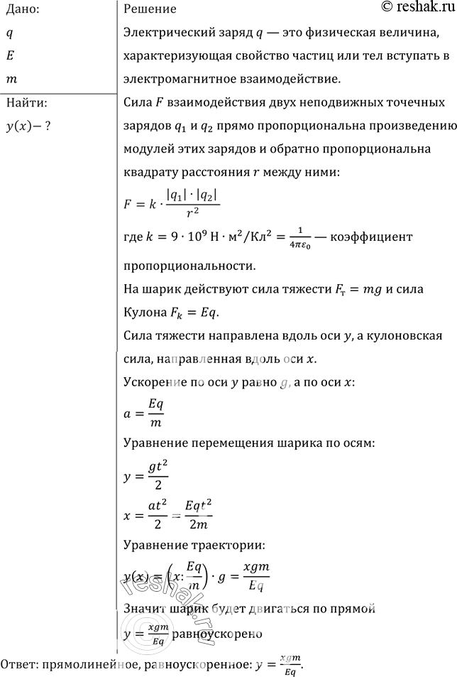 Изображение Шарик массой m, несущий заряд упадает в однородном электрическом поле напряженностью Е. Линии напряженности направлены параллельно поверхности земли. Каково движение...